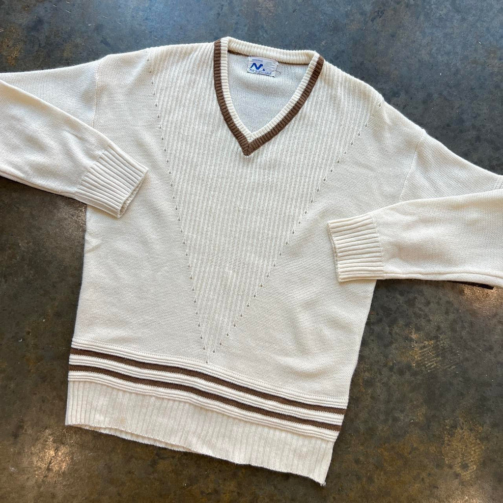 Vintage 70s Cream and Brown Knit Sweater / Large