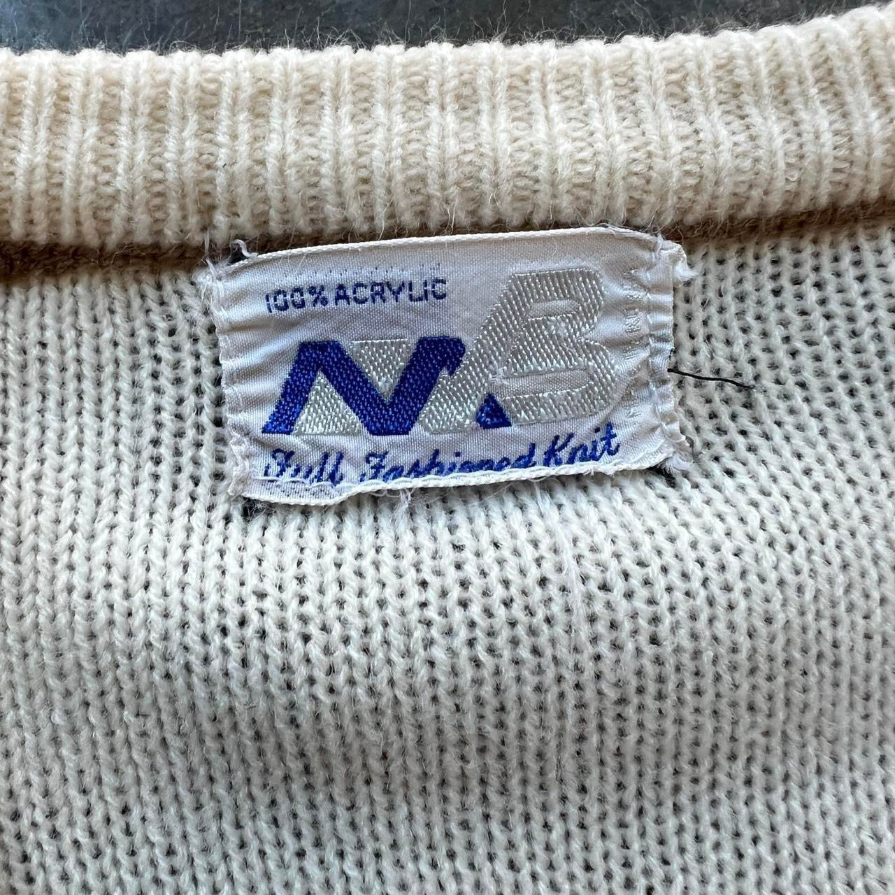 Vintage 70s Cream and Brown Knit Sweater / Large