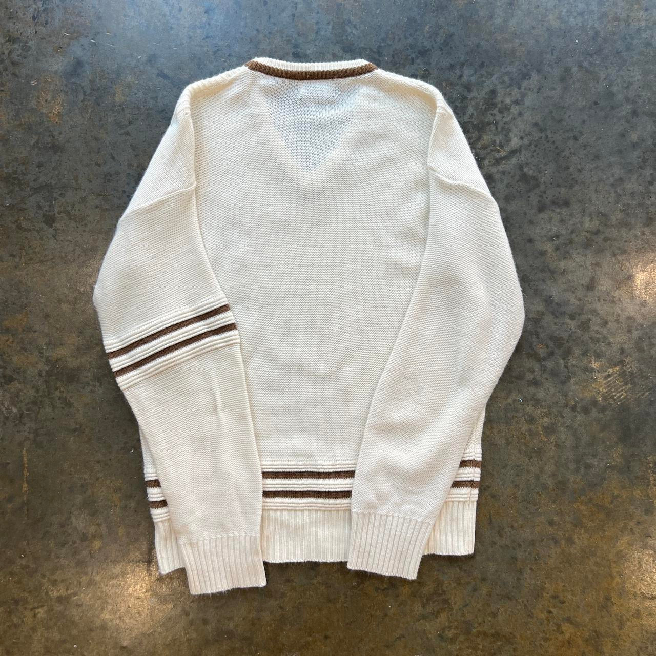 Vintage 70s Cream and Brown Knit Sweater / Large