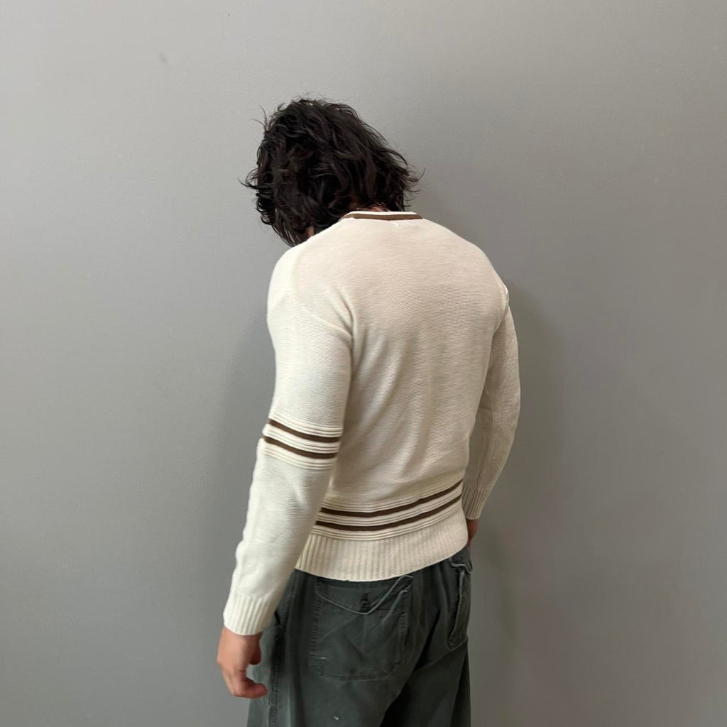 Vintage 70s Cream and Brown Knit Sweater / Large
