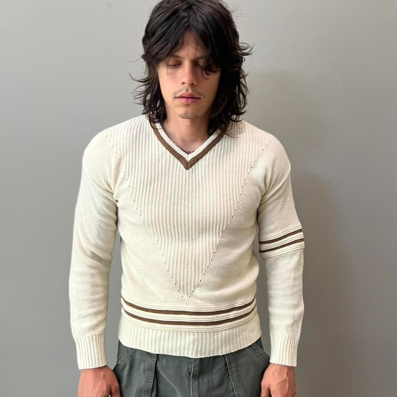 Vintage 70s Cream and Brown Knit Sweater / Large