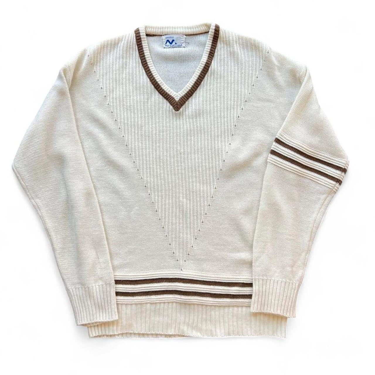 Vintage 70s Cream and Brown Knit Sweater / Large