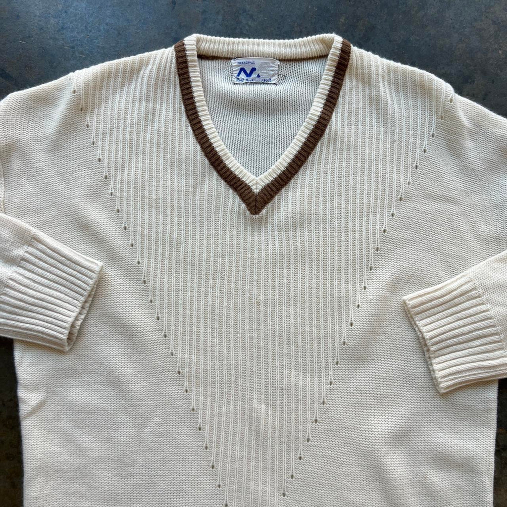 Vintage 70s Cream and Brown Knit Sweater / Large